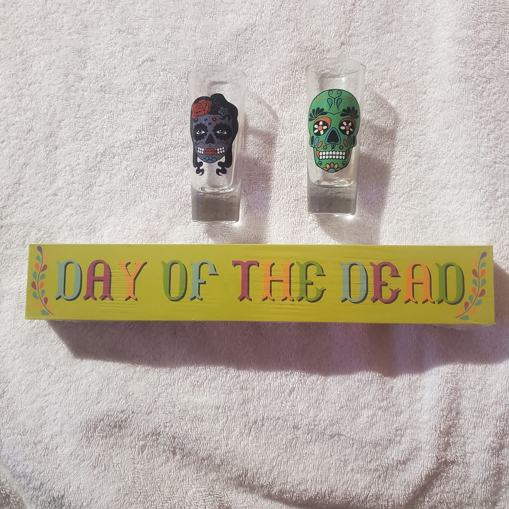 Day of the Dead Skull Shot Glass Set - Black and Green